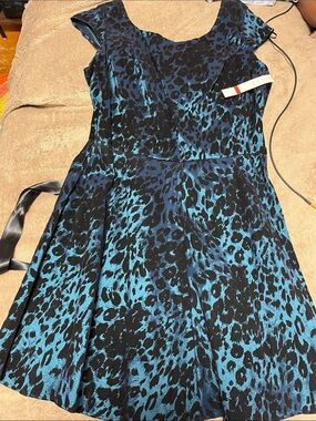 Blue and Black Leopard Print Cap-Sleeve Dress